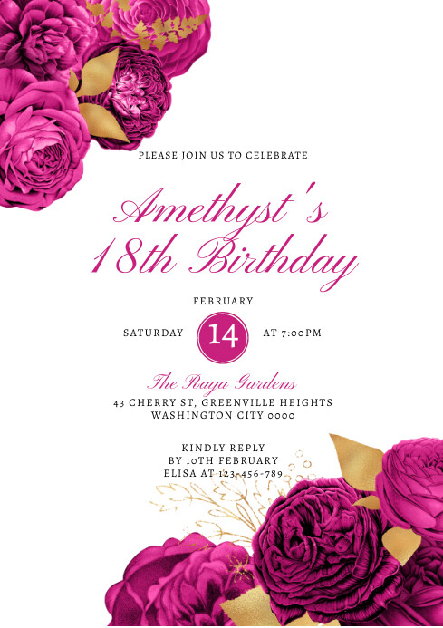 White Floral Hot Pink Birthday Invitation A4 Template | PosterMyWall