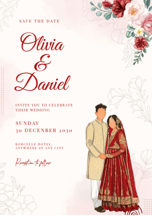 White Floral India Wedding Invitiation A4 Template | PosterMyWall