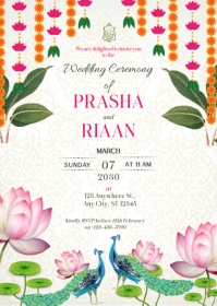 White Floral Indian Wedding Invitation A6 template