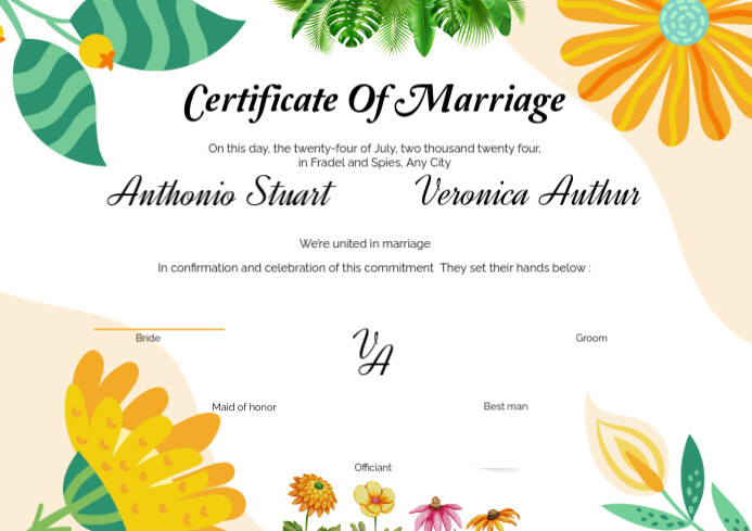 White Floral Joyful Certificate Of Marriage A4 template