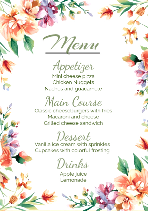 White floral kids party menu a5 Template | PosterMyWall