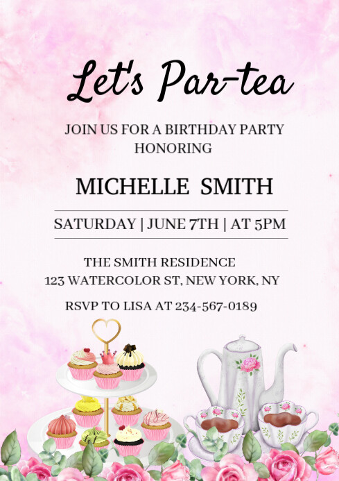 White Floral Let's Par-tea Birthday Invitation Template A4 | PosterMyWall
