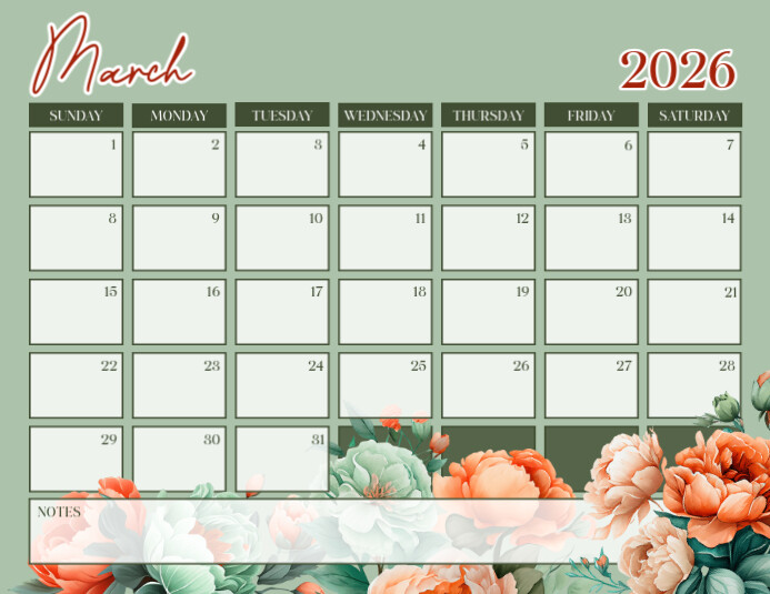 White Floral March Calendar 2026 Flyer (us Letter) template