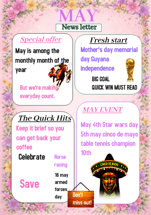Copy of White Floral May Events Newsletter A4 | PosterMyWall