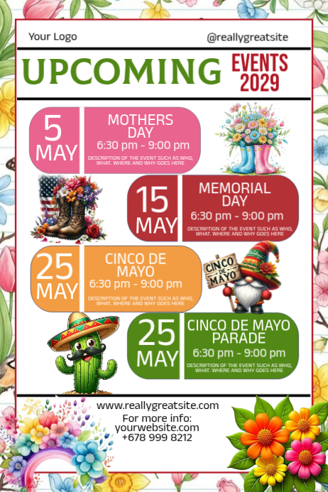 Copy of White Floral May upcoming Event Calendar Poster | PosterMyWall