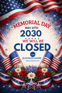 White Floral Memorial Day Closure Announcement Poster Плакат template