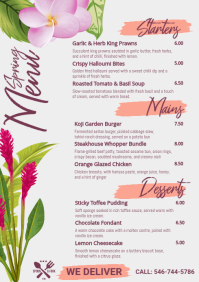 White Floral Menu Template A4