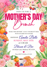 White Floral Mother's Day Brunch A4 template