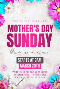 White Floral Mother's Day Church Service Poster Video Póster template