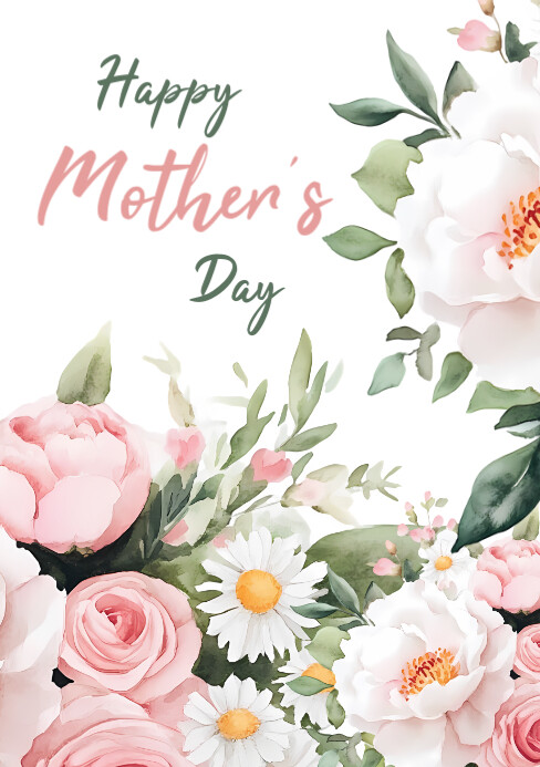 White Floral Mother's Day Greeting Card A5 template