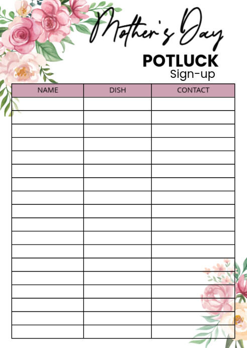 White Floral Mother's Day Potluck Sign Up A6 template