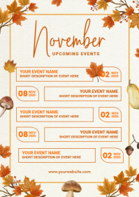 White Floral November Upcoming Events Calendar A4 Template | PosterMyWall