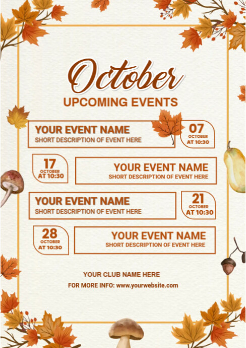 White Floral October Upcoming Events A6 Template | PosterMyWall