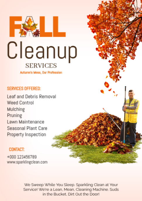 Fall Clean Up Graphics White Floral Orange Fall Cleanup Services Poster A2 Template | PosterMyWall