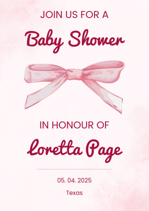 White Floral Pink Watercolor Baby Shower Invitation Card A4 template