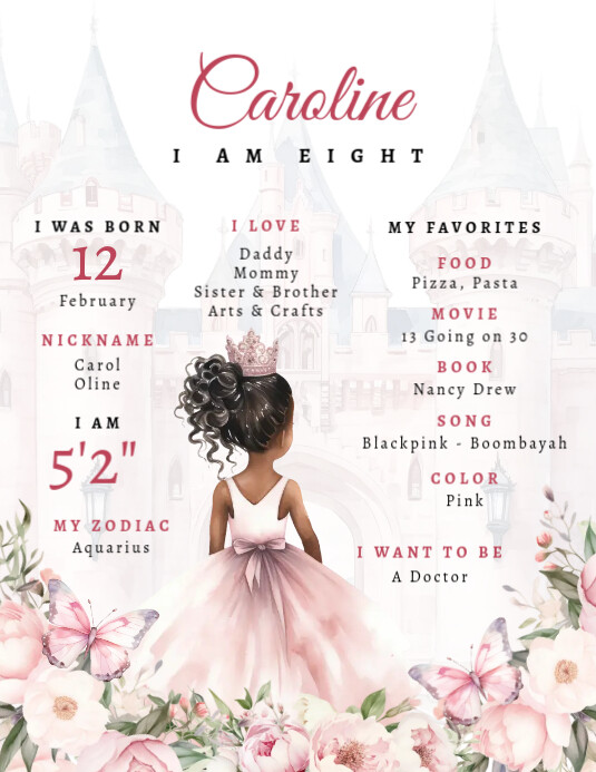White Floral Princess Birthday Poster Board Flyer (us Letter) template