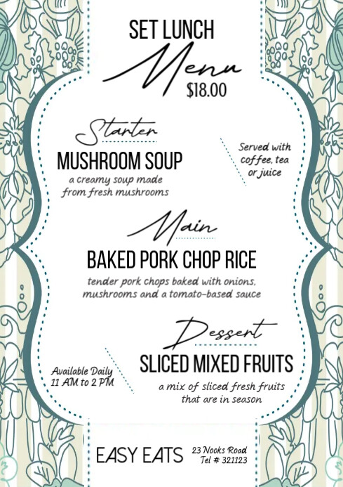 Copy of White Floral Printable Set Lunch Menu Design A4 | PosterMyWall