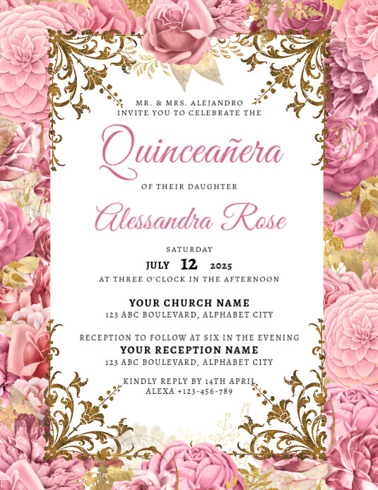 White Floral Quinceañera Invitation Flyer (us Letter) Pamflet (VSA Brief) template