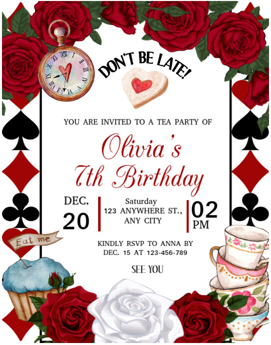 White Floral Red, Black And White Playing Card Birthday Invitation