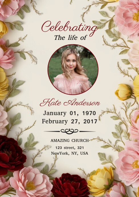 White Floral Rose Funeral Program Template A5 | PosterMyWall