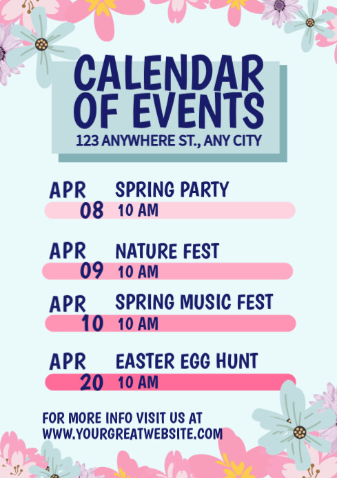 White Floral Spring Calendar Of Events A2 Template | PosterMyWall