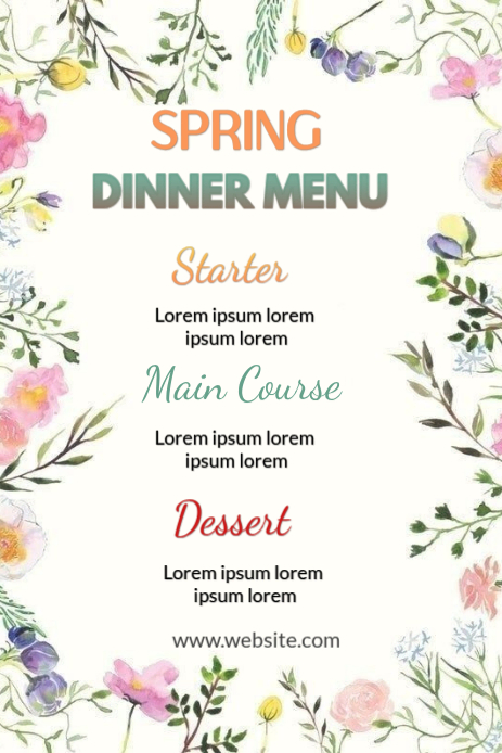 White Floral Spring Dinner Menu Pinterest Graphic Template | PosterMyWall