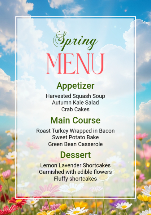 White Floral Spring Menu A5 Template | PosterMyWall