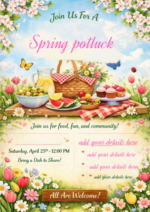 Spring Potluck Template Yellow Spring Potluck A4 Template | PosterMyWall