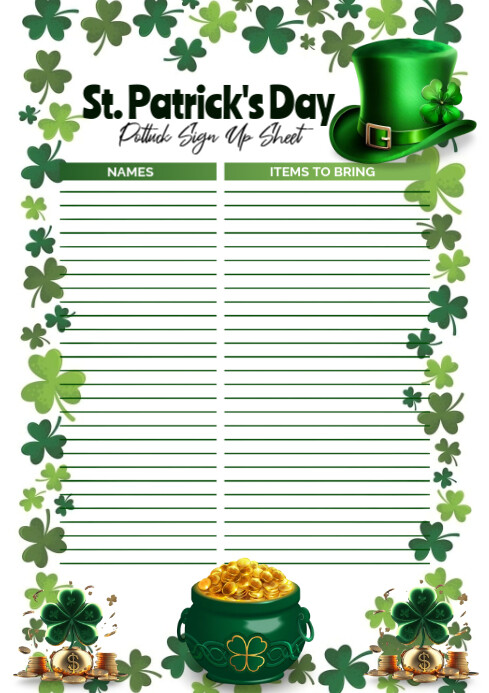 Copy of White Floral St. Patrick's Day Potluck Sign Up Sheet Printable ...