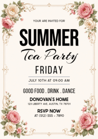 White Floral Summer Tea Party Invitation A4 template