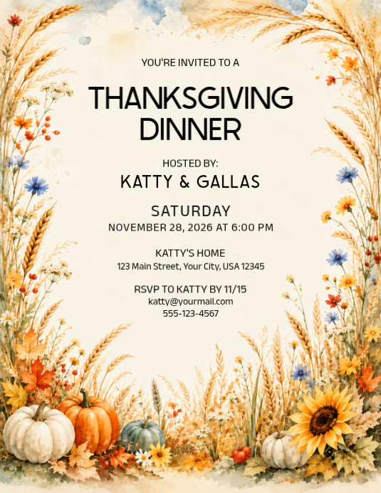 White Floral Thanksgiving Dinner Invitation Flyer Template | PosterMyWall