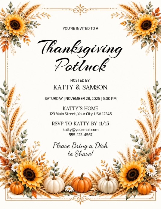 White Floral Thanksgiving Potluck Invitation Flyer Template | PosterMyWall