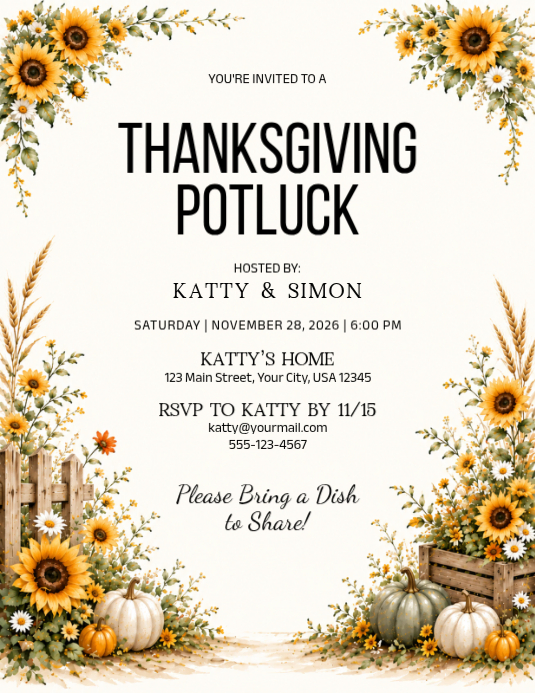 White Floral Thanksgiving Potluck Invitation Flyer Template | PosterMyWall