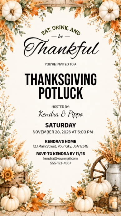 White Floral Thanksgiving Potluck Invitation Instagram Story Template ...