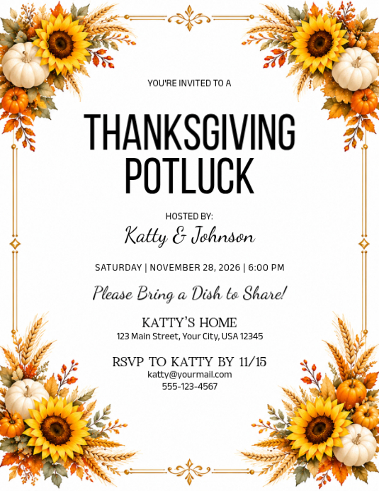 White Floral Thanksgiving Potluck Invitation Flyer Template | PosterMyWall