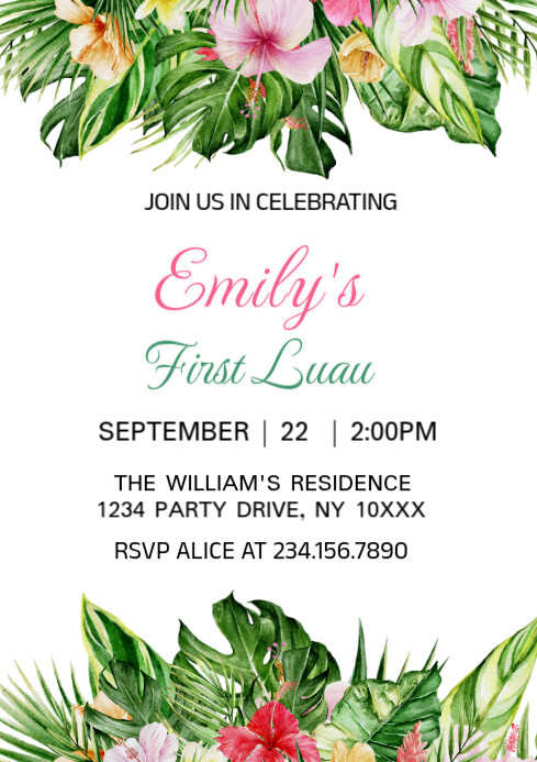 White Floral Tropical Luau Birthday Invitation, Hawaiian Theme A4 template