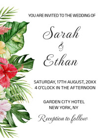 White Floral Tropical Wedding Invitation Design Template  A4