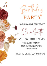 White Floral Watercolor Autumn Birthday Party Invitation Template  A4