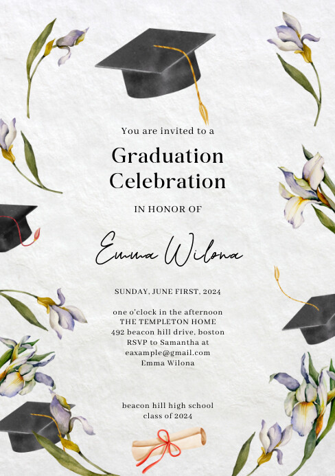 Plantilla de White Floral Watercolor Graduation Party Invi | PosterMyWall
