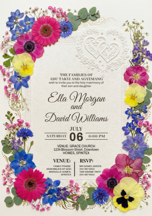 White Floral Wedding Invitation A4 Template | PosterMyWall