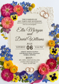 White Floral Wedding Invitation A4 template