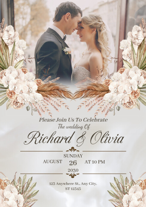 White Floral Wedding Invitation A4 Template | PosterMyWall