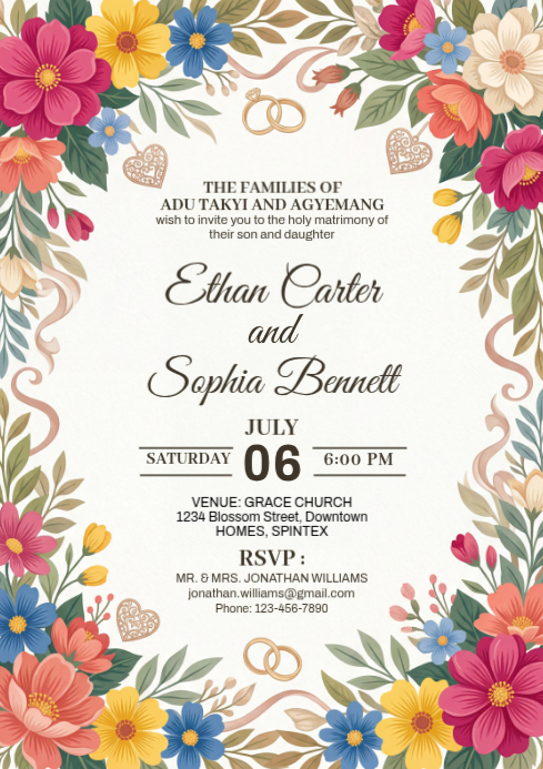 White Floral Wedding Invitation A4 Template | PosterMyWall