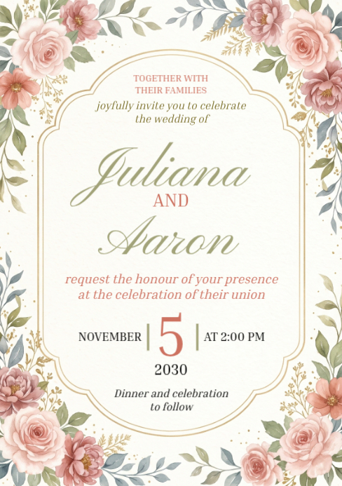 White Floral Wedding Invitation A5 Template | PosterMyWall