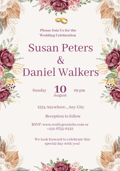 White Floral Wedding Invitation Card A4 Template | PosterMyWall