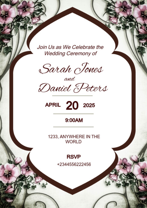 White Floral Wedding Invitation Card A4 Template | PosterMyWall
