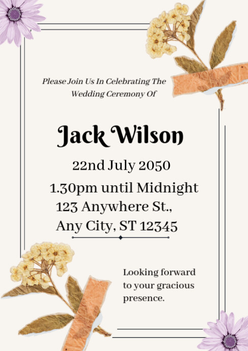White Floral Wedding Invitation Poster A4 Template | PosterMyWall