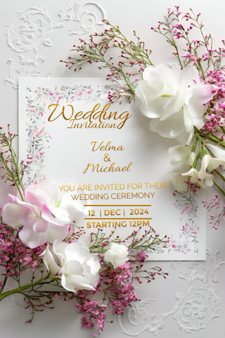 White Floral Wedding Invitation Poster Template | PosterMyWall