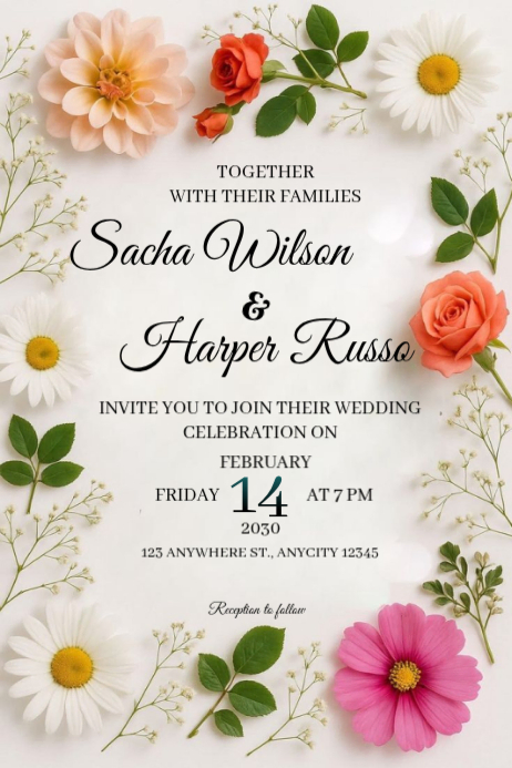 White Floral Wedding Invitation Poster Template | PosterMyWall