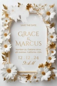White Floral Wedding Invitation Video Poster template